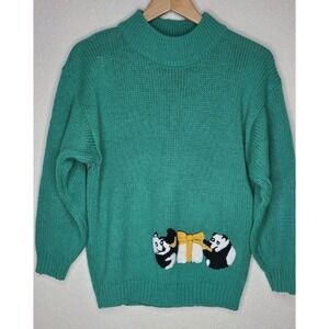 Vtg 80s Radishes & Roses Women M Green Panda Sweater Presents Christmas Pullover